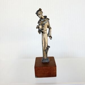 Vintage Pewter Madonna And Child Figurine On Wooden Base MDC Italy 4"